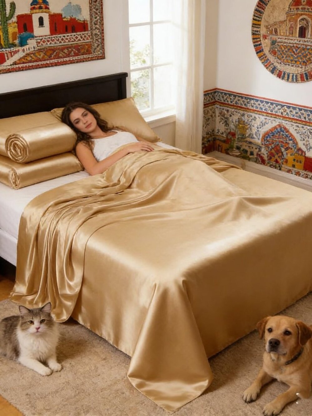 Satin Bed Sheets Set 4 Piece Queen Gold Cooling Silky Soft Deep Pocket - Picture 2 of 7